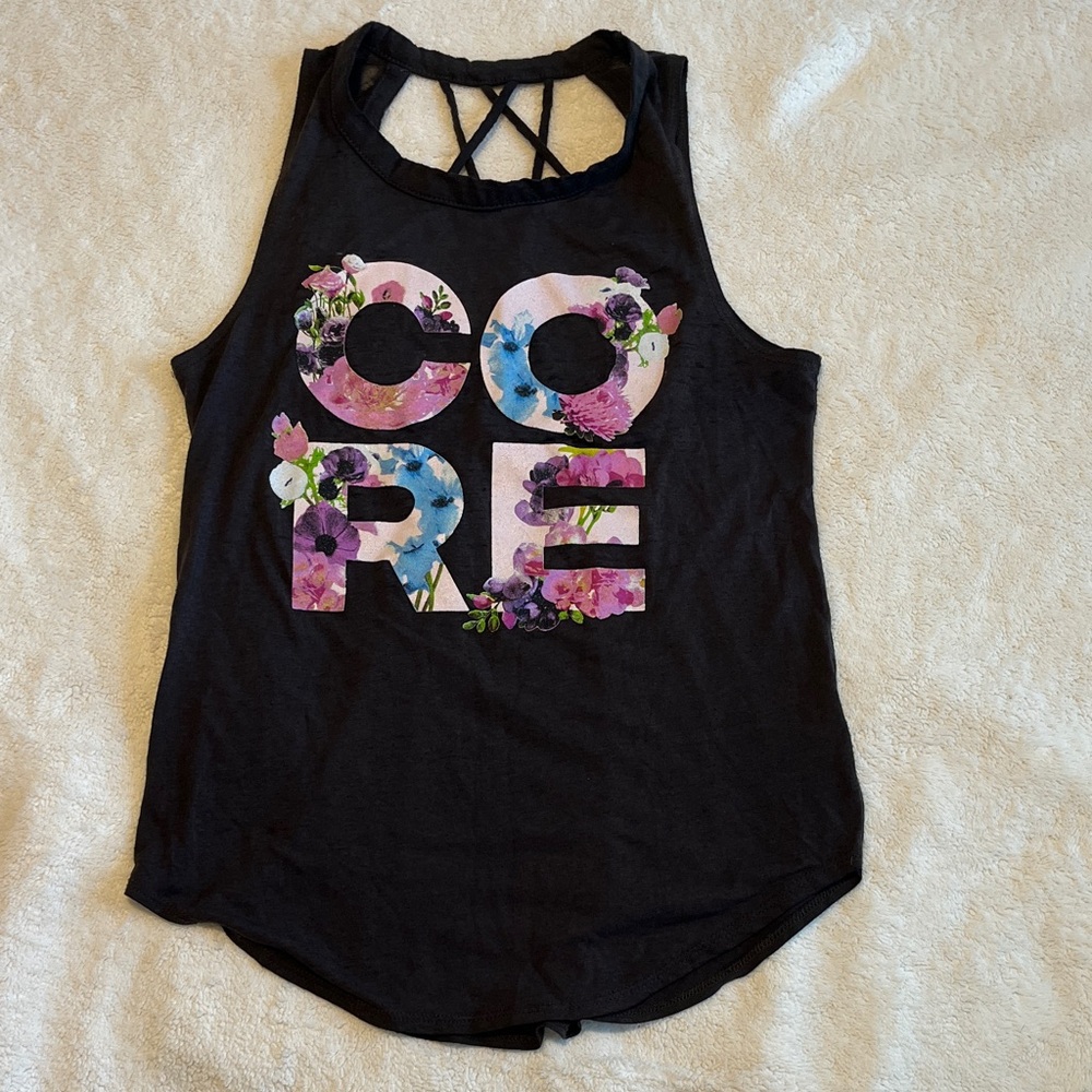 Chaser Black Floral Graphic Tank Top Criss Cross Back Yoga Athleisure Size Small